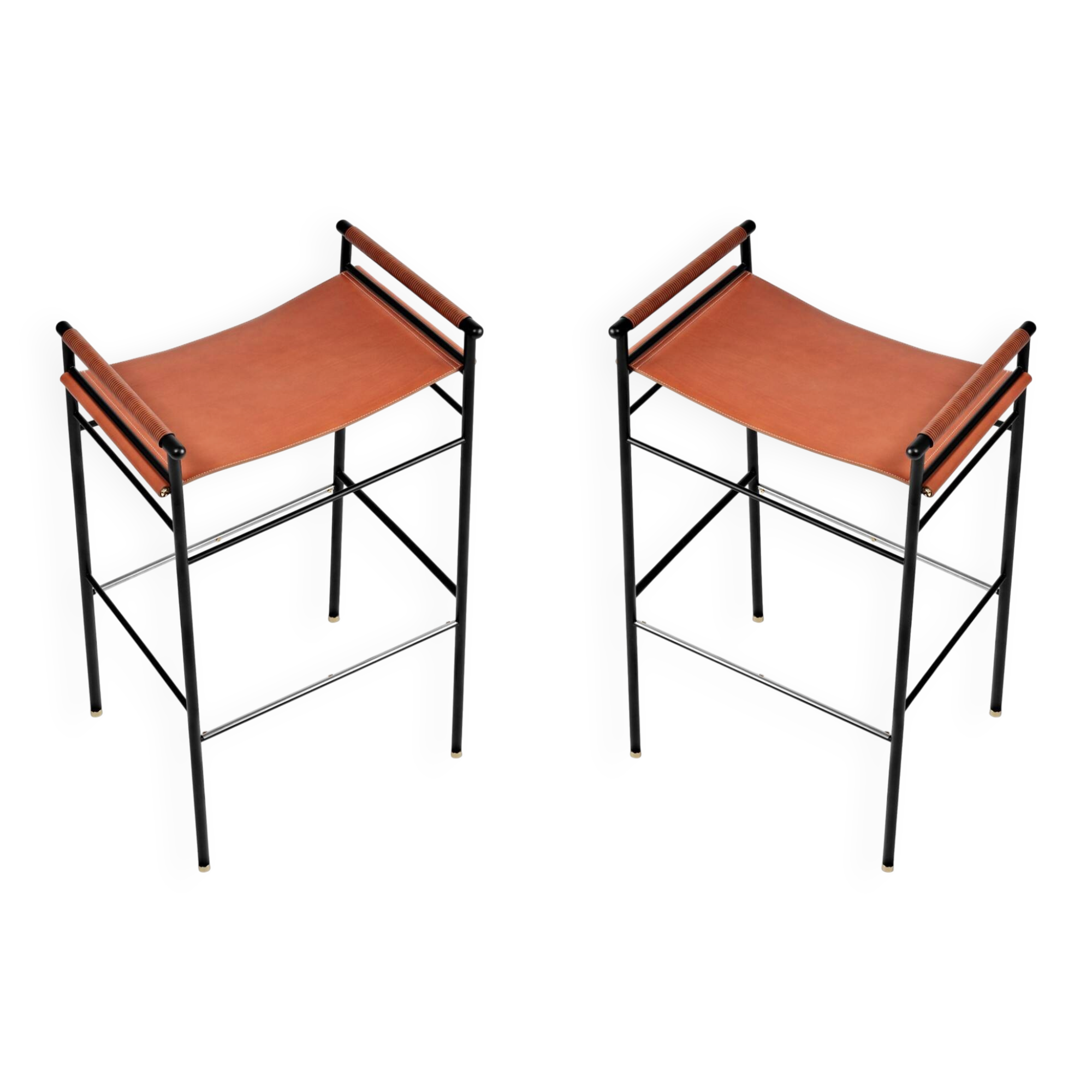 Paire de tabourets de bar sans dossier, coloris tabac et noir.