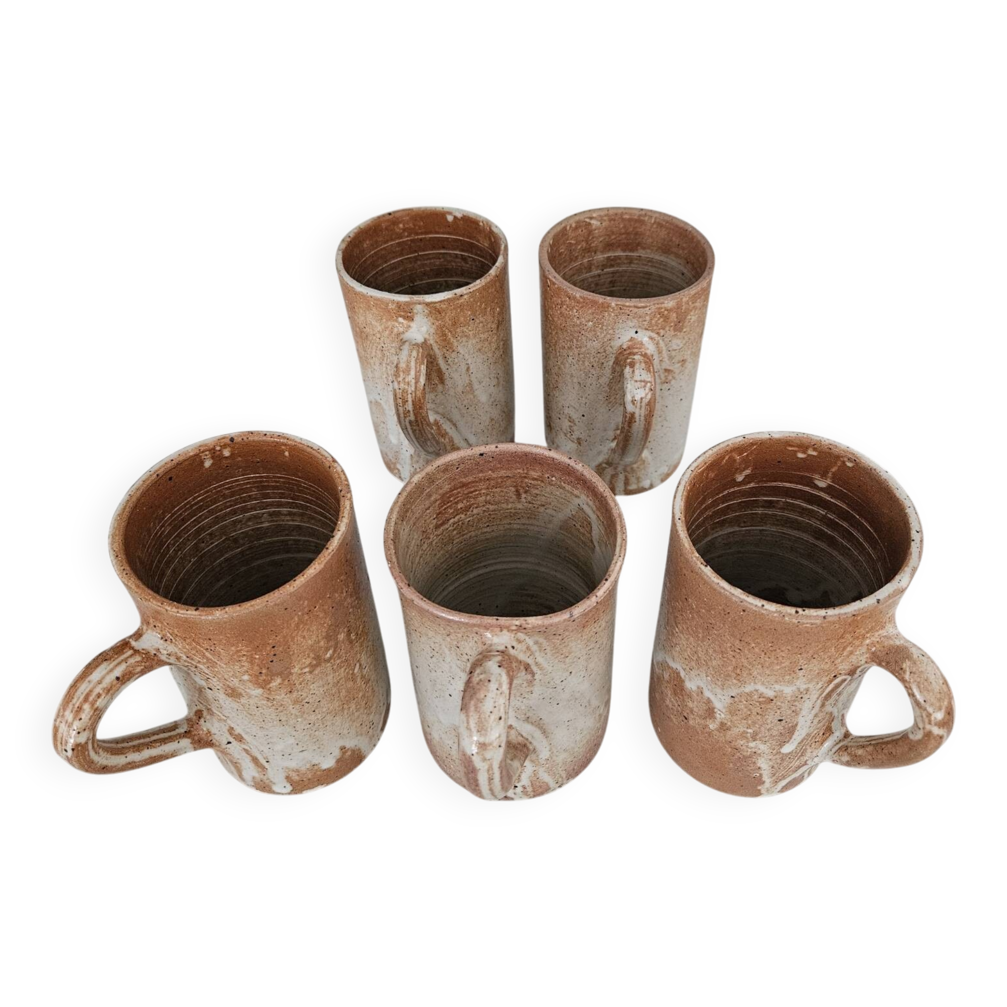Set of 5 vintage handcrafted stoneware mugs in beige, pink, and white glazed stoneware