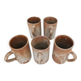 Set of 5 vintage handcrafted stoneware mugs in beige, pink, and white glazed stoneware