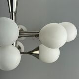 12-flame Sputnik chandelier from the 1960s and 1970s, Kaiser Leuchten, opal glass design