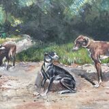 Tableau peinture ancienne chiens trois lévriers XXe