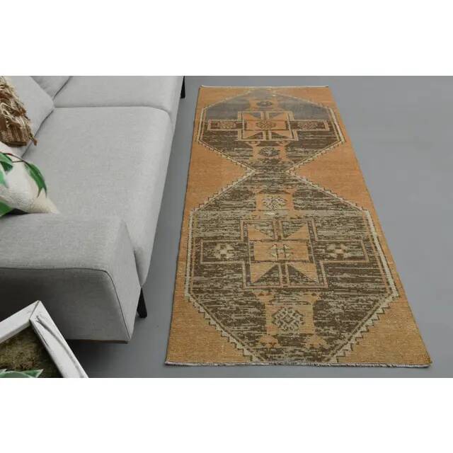 Vintage Turkish Hand-Knotted Wool Cotton Orange Runner Rug 96x214