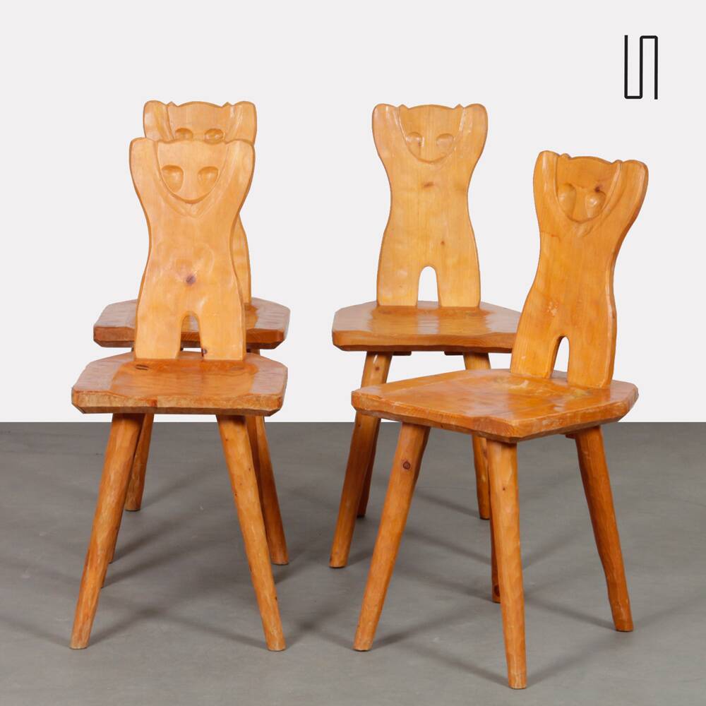 Set of 4 wooden chairs with zoomorphic backs, 1960