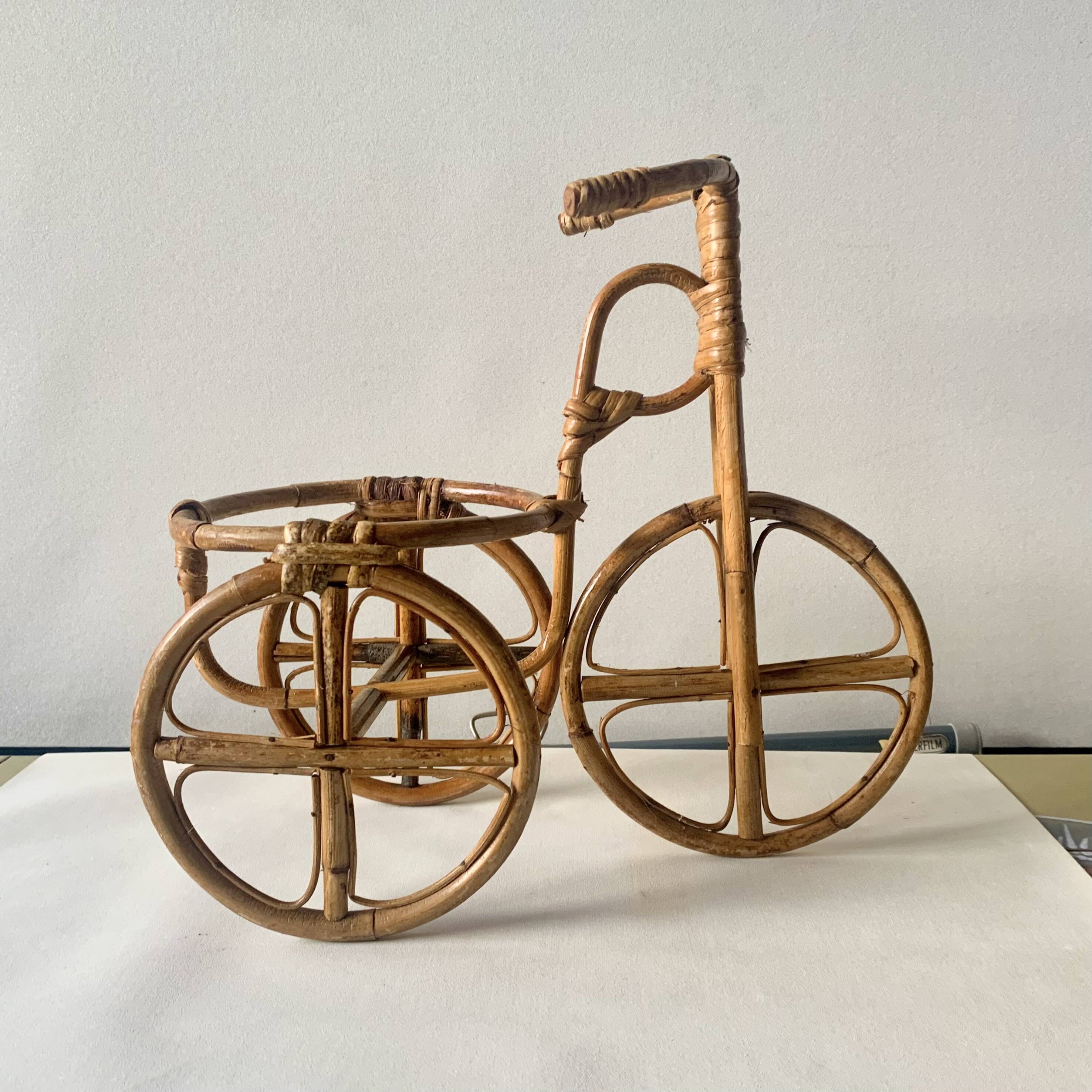 Vintage plant holder tricycle in bamboo and rattan