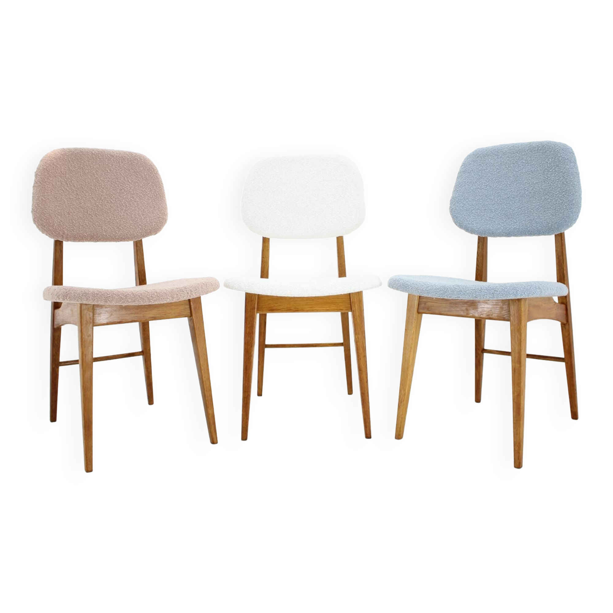 1960s Set of Three Oak Dining Chairs in Boucle, Czechoslovakia
