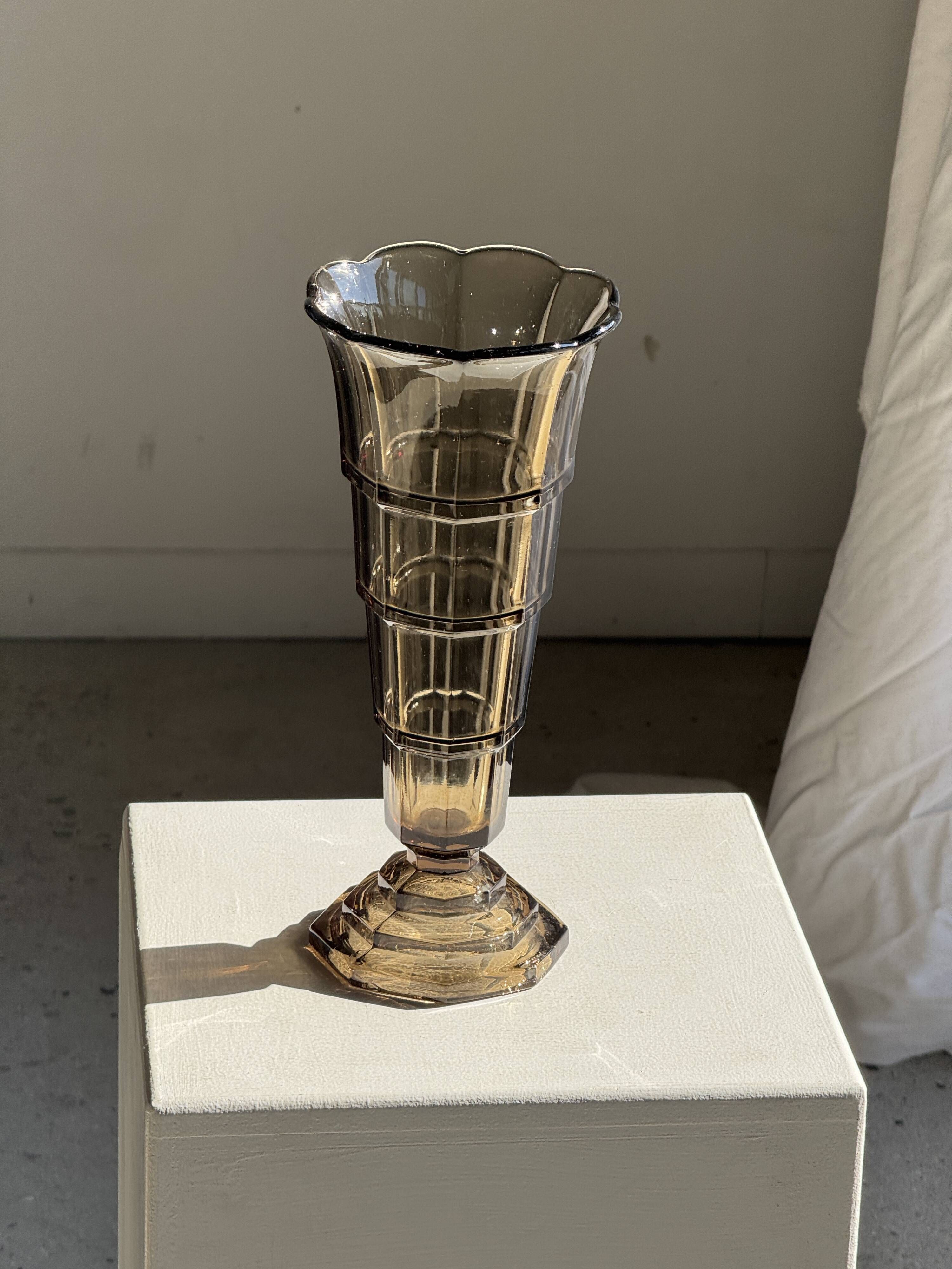 Flared Art Deco vase in smoked moulded glass with steps H30 W13.5