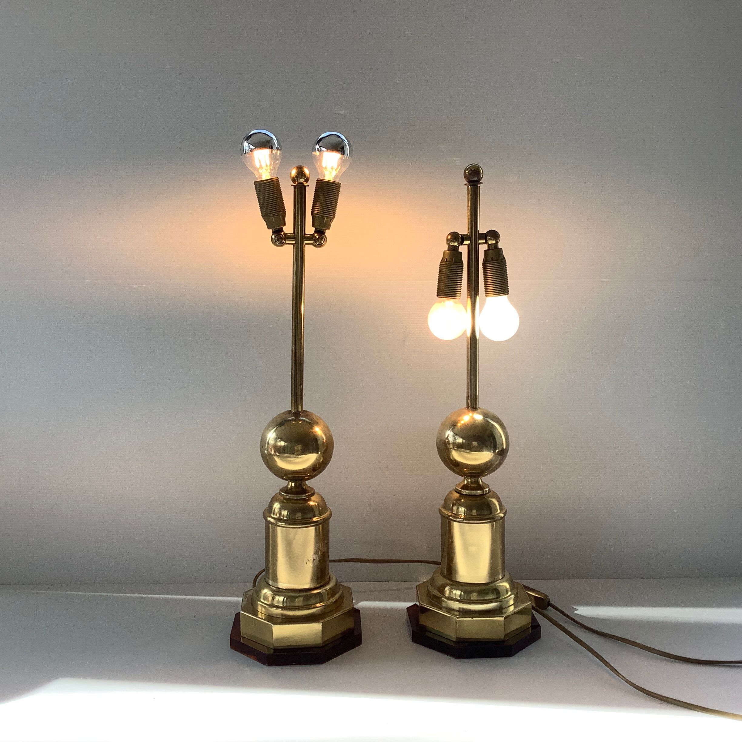 Pair of 2 Vintage Chic Articulated Brass Bakelite Amber Ball Lamps