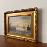 Voilier relaxant et pêche sur la peinture à l'huile du lac à bord