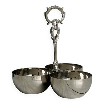 Silver-plated metal display stand with three bowls