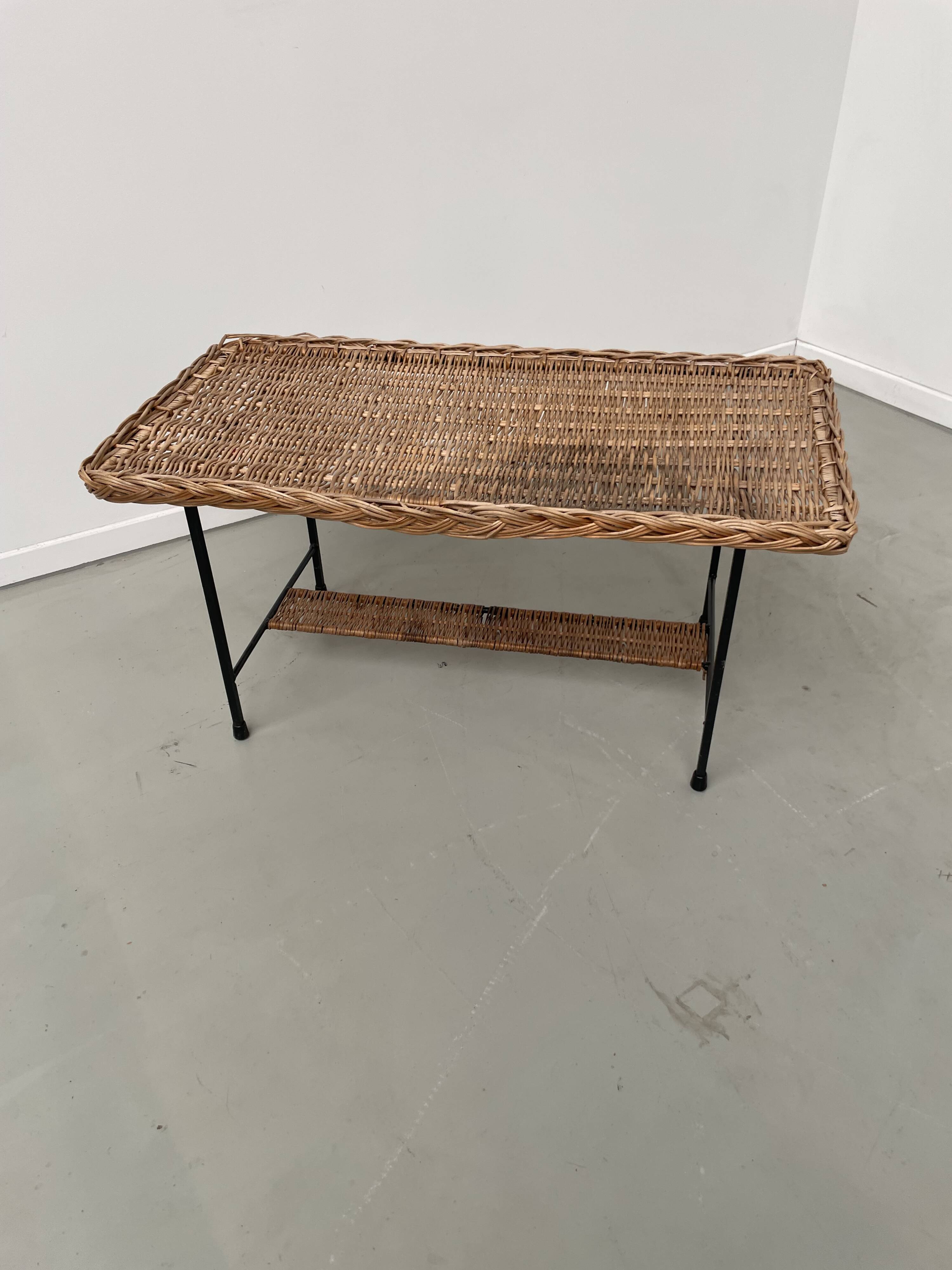 Woven wicker and metal coffee table 1960