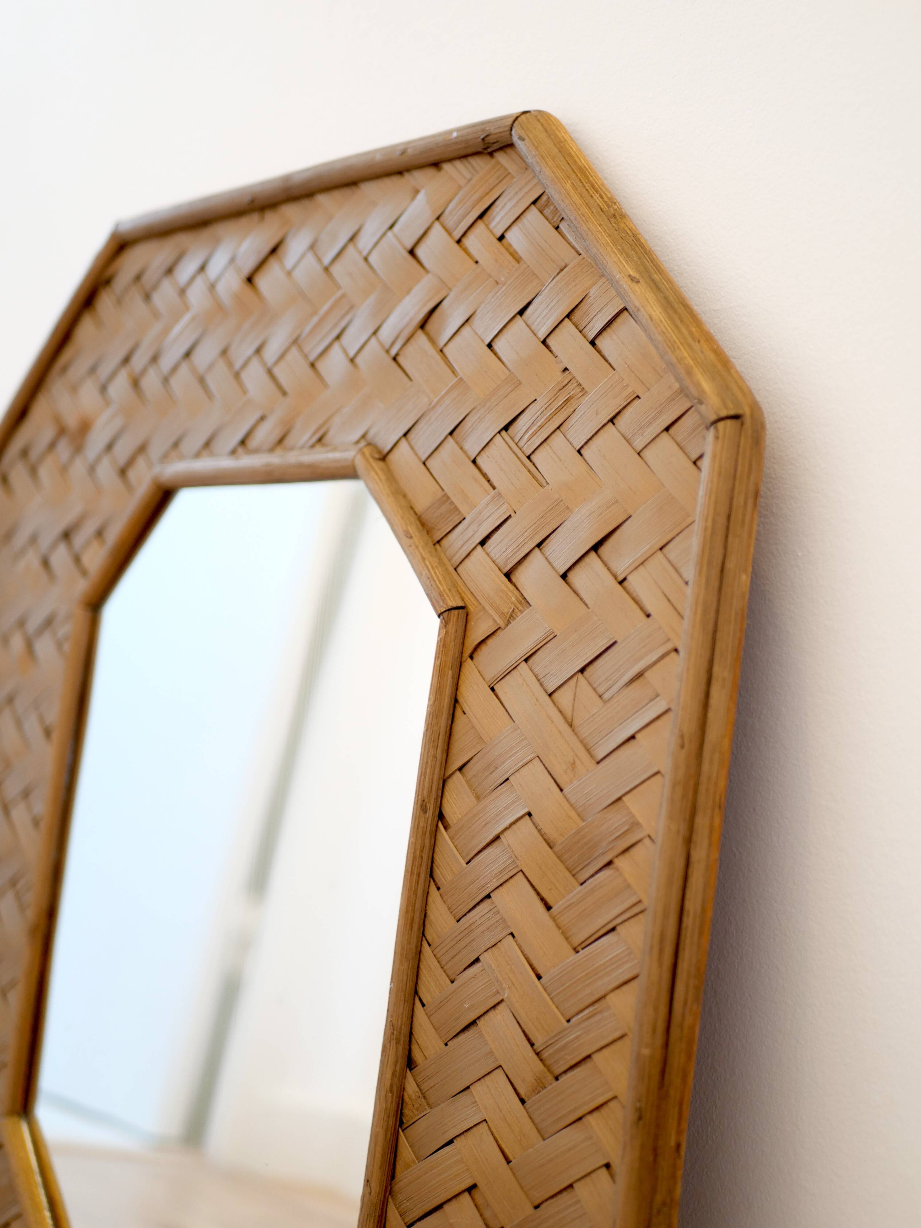 Octagonal mirror in woven bamboo