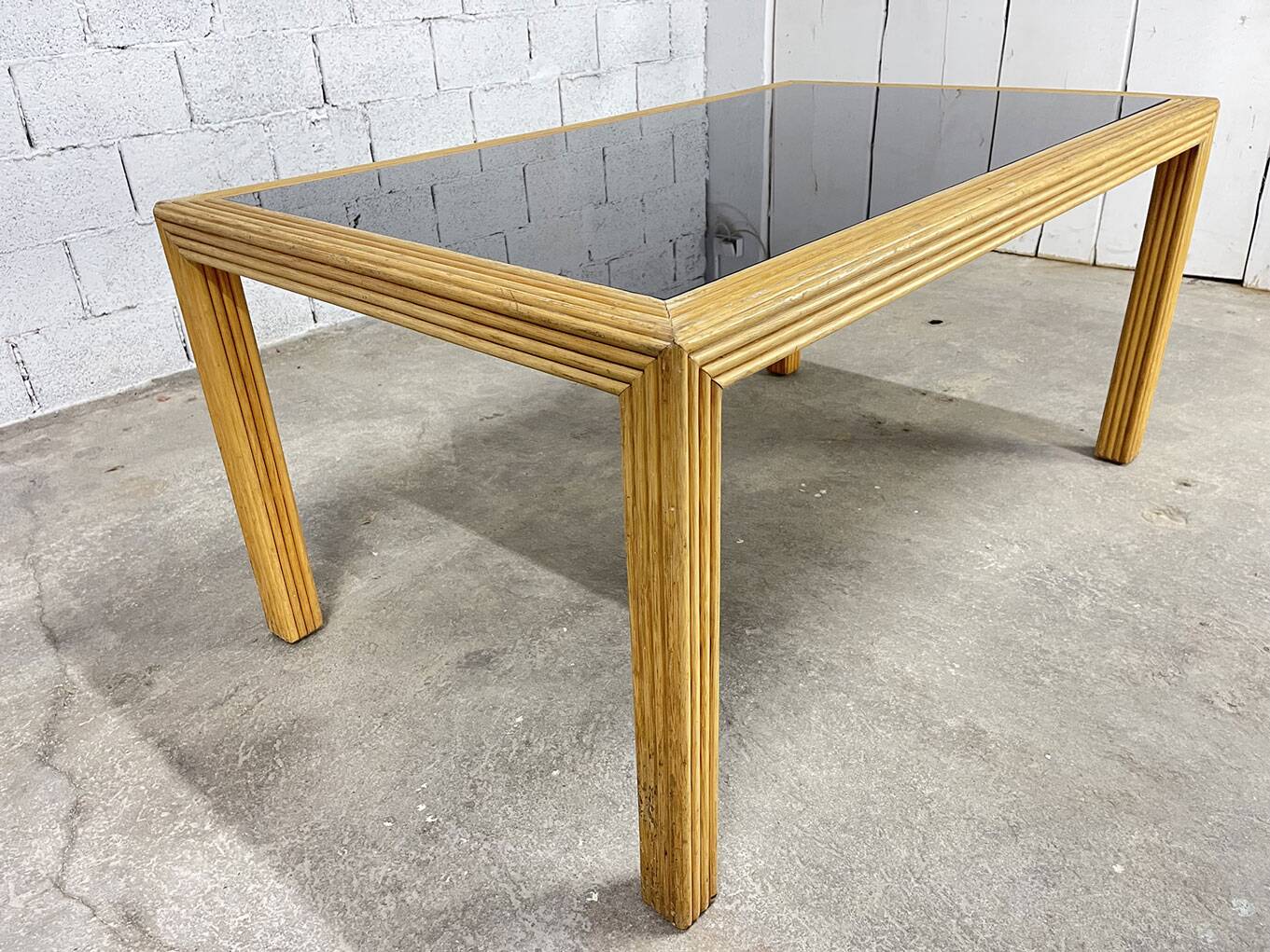 Italian rattan and glass table from the 1970s