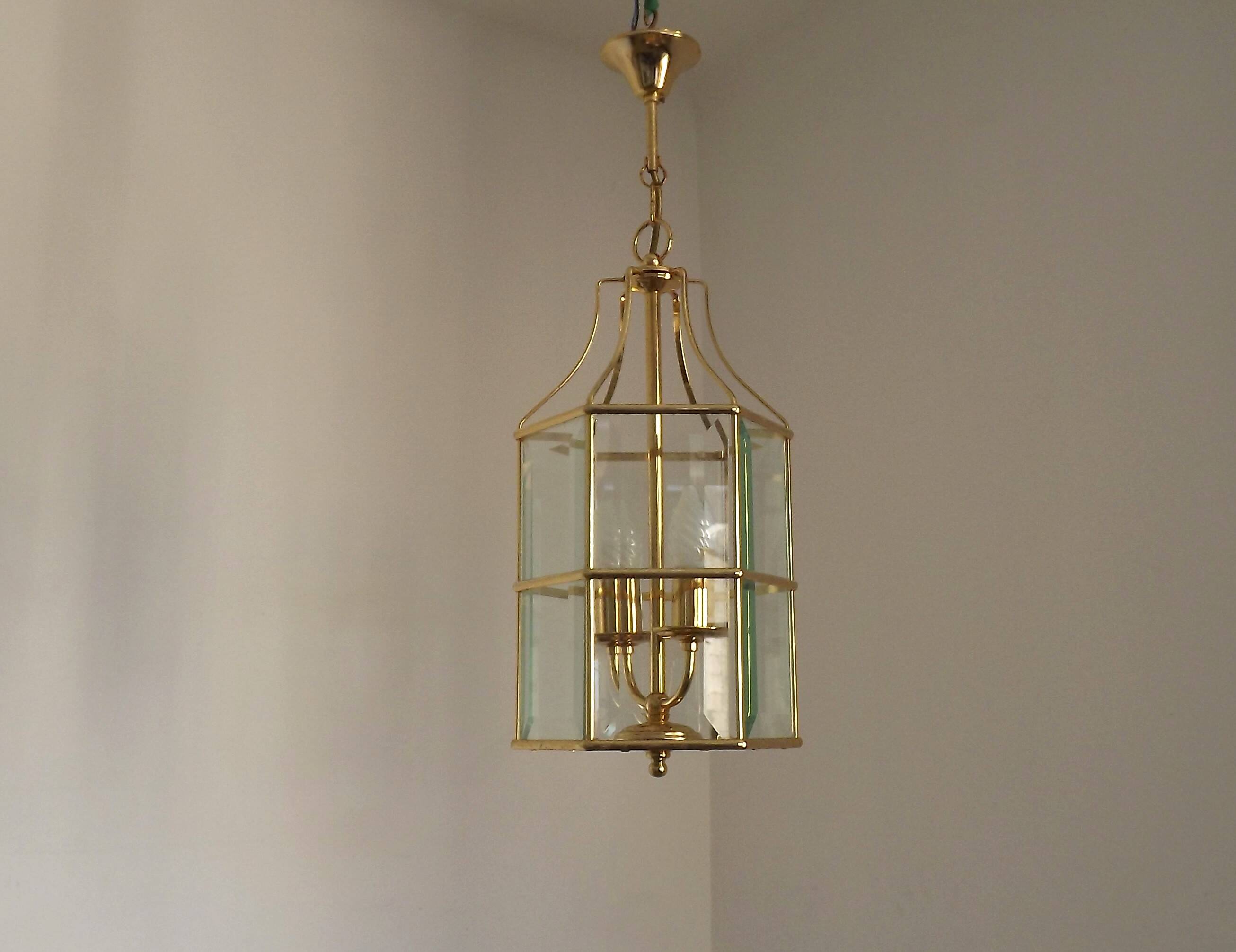 French Vintage 2 Light Hexagonal Gold Metal & Beveled Glass Hanging Light