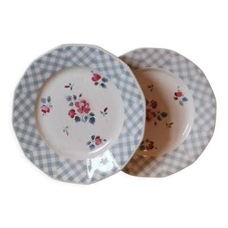 Set of 2 flat plates with faceted sarreguemines digoin france bastia flowers vichy