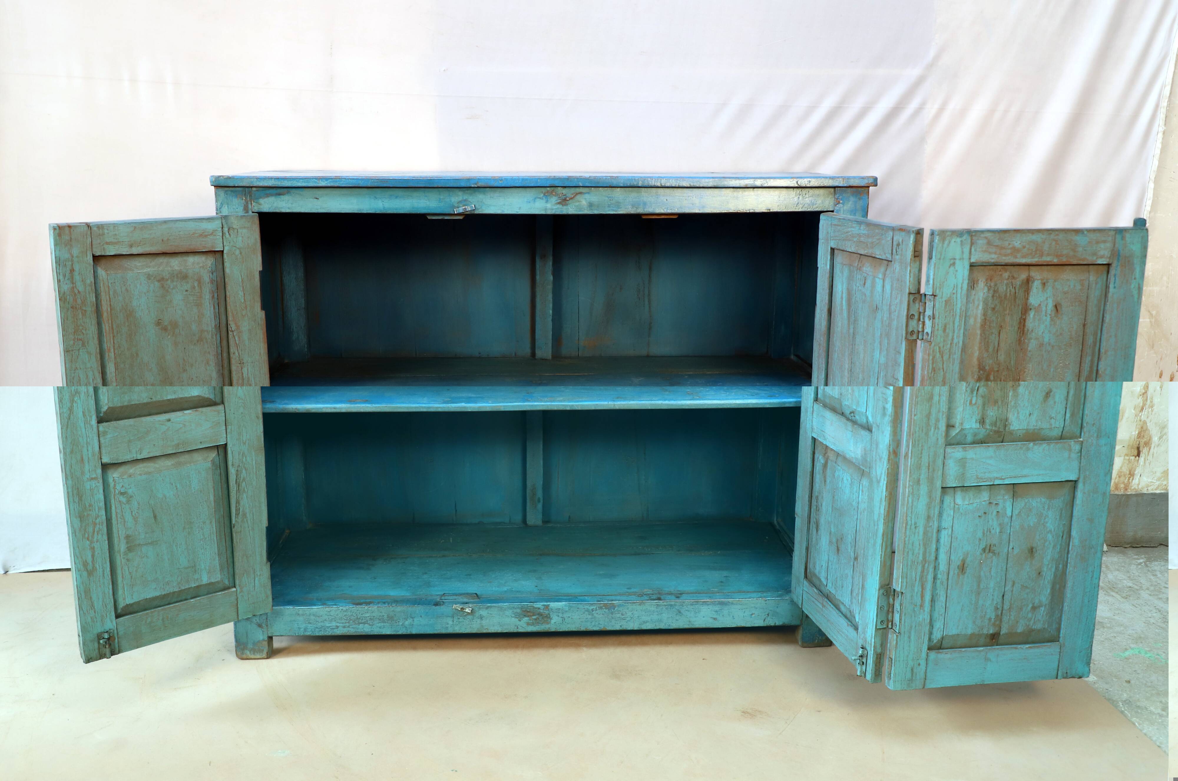 Buffet burmese teak cupboard with original turquoise patina