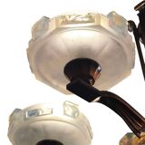 Lustre Art Deco par Ezan avec verre opalescent et cuivre circa 1930