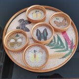 Tray Set and 5 Butterfly Aperitif Coasters - Bamboo and Rattan - Vintage
