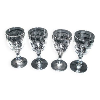 Saint-louis set of 4 antique stemmed glasses in acid-engraved crystal - flowery chemical engraving 1900