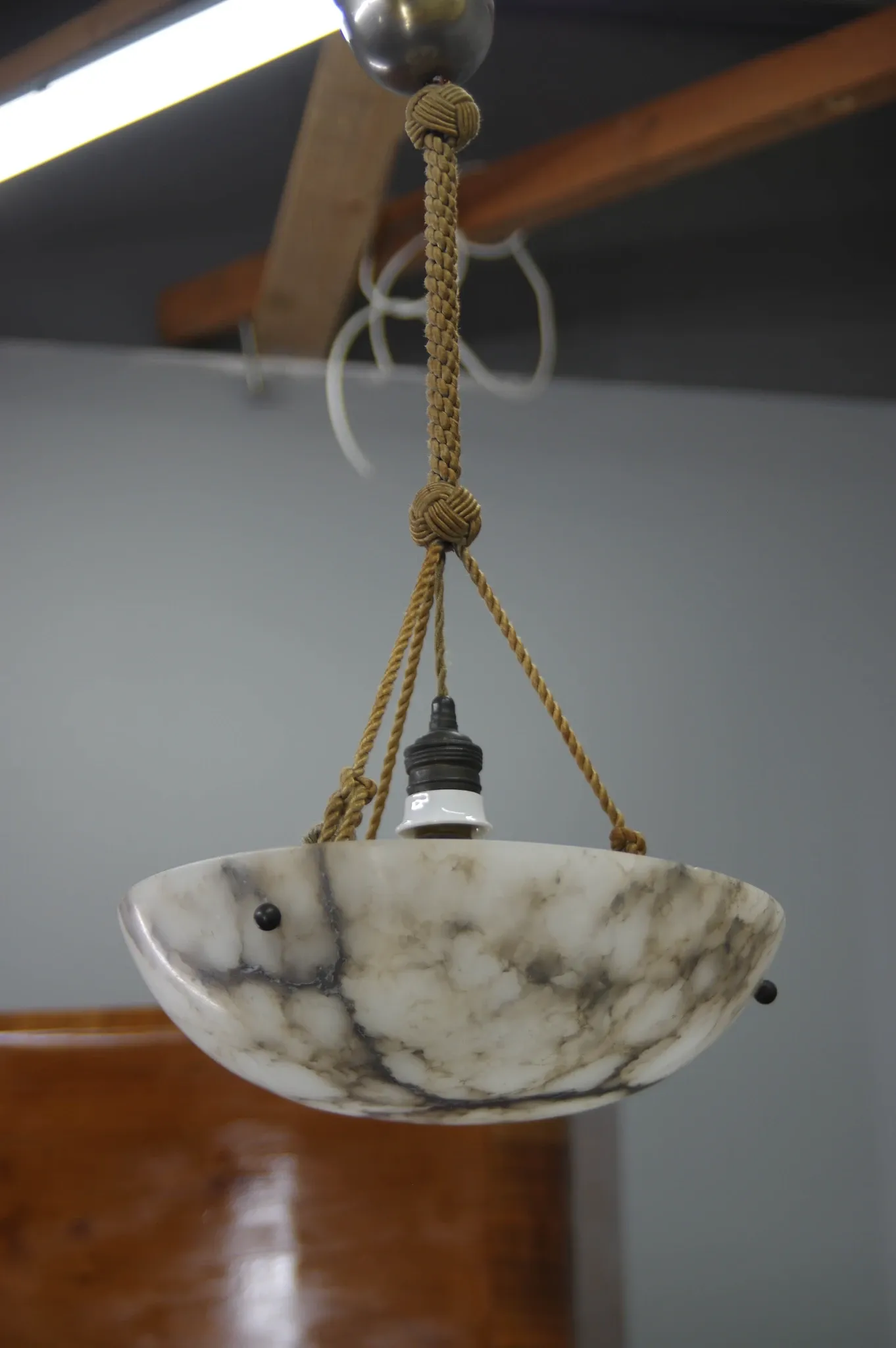 Art Deco Alabaster Pendant Light, Hand-Carved, 1920s