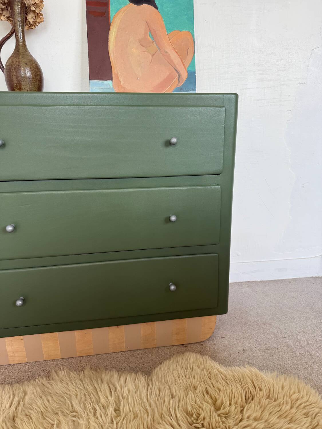 Vintage olive green chest of drawers with striped base