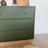 Vintage olive green chest of drawers with striped base