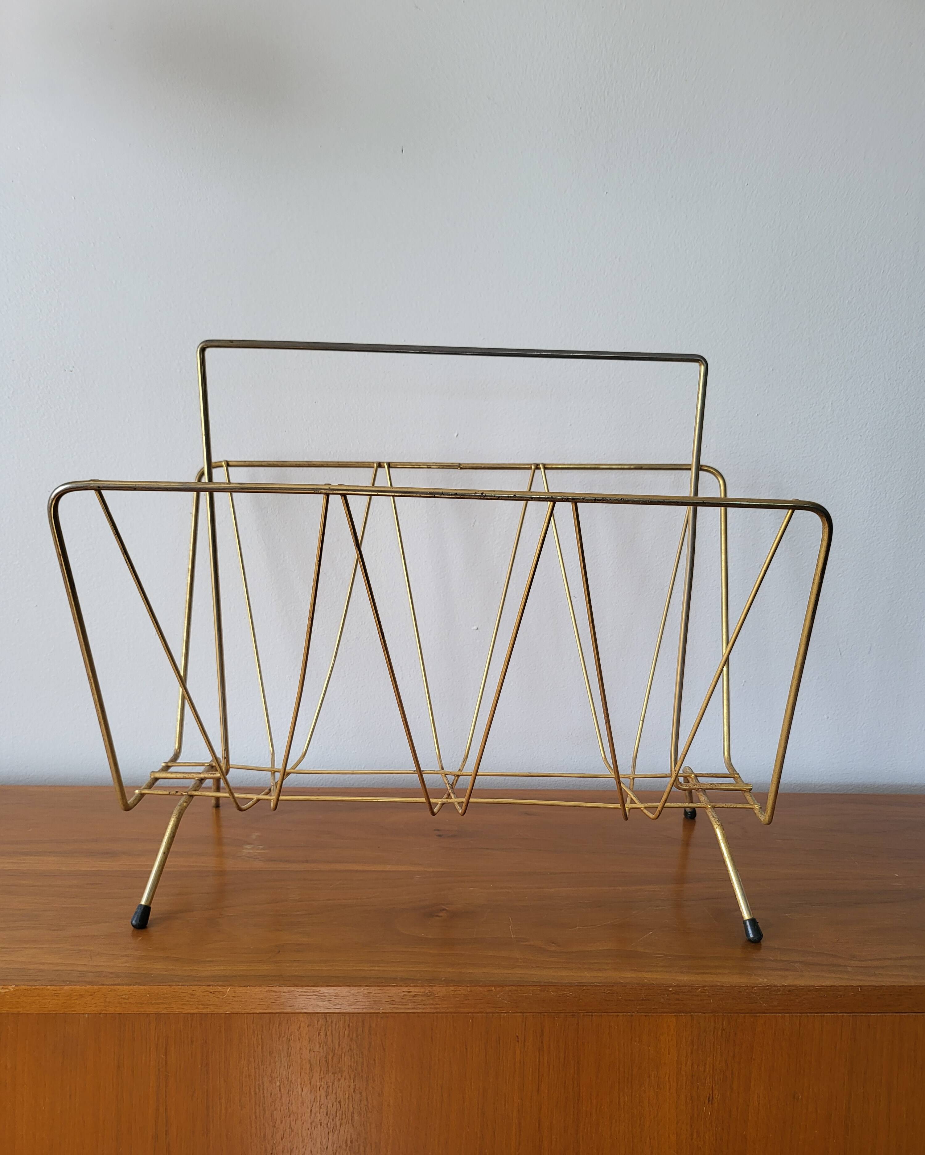 Vintage gold metal magazine rack 1950s-70s newspaper holder