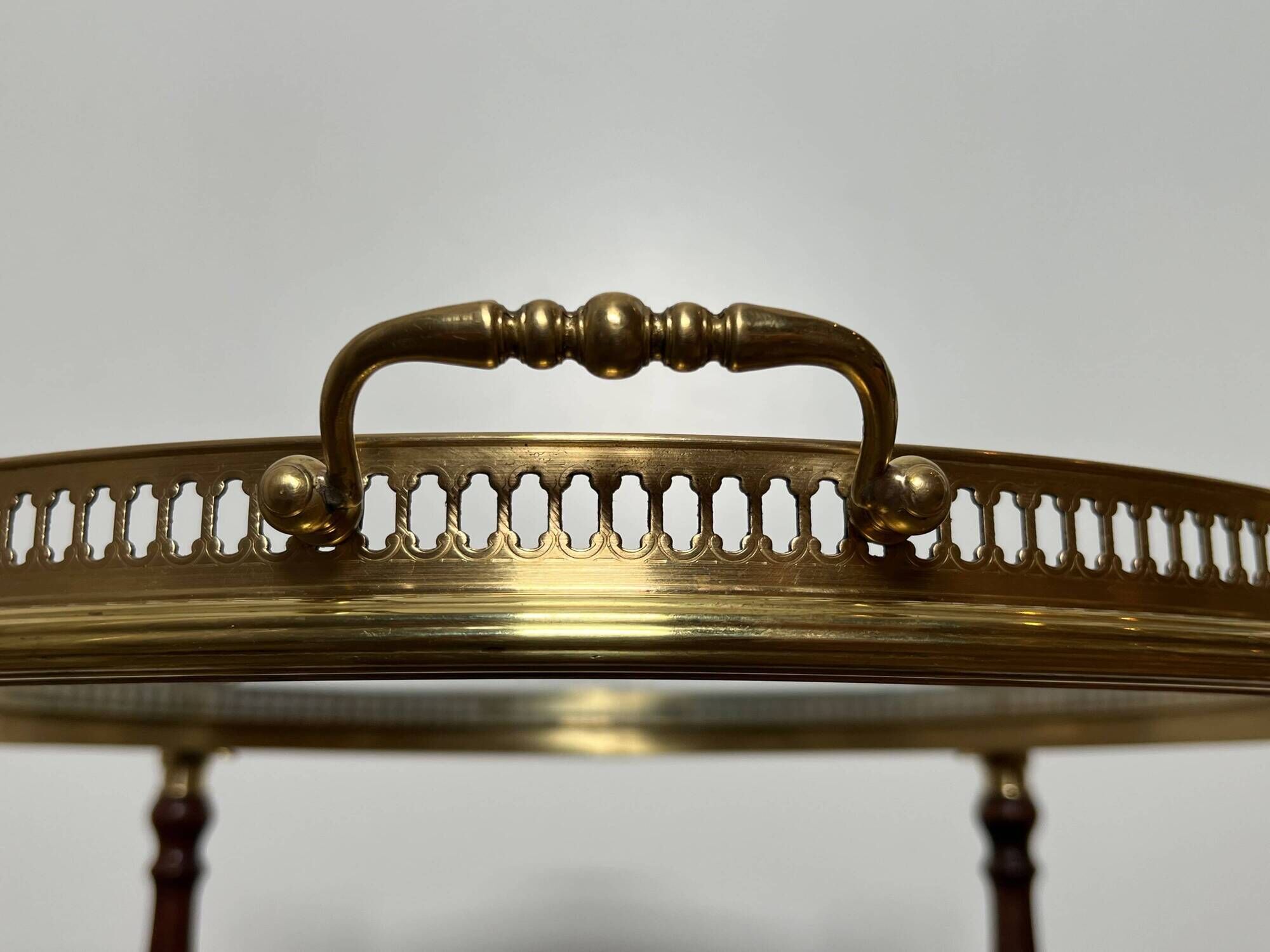 Oval Rolling Table in Brass and Mahogany with Openwork Gallery and Bottle Holder