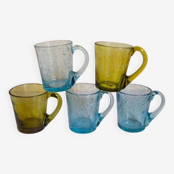 Series of vintage bubble-blown glass cups from Biot