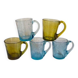 Series of vintage bubble-blown glass cups from Biot