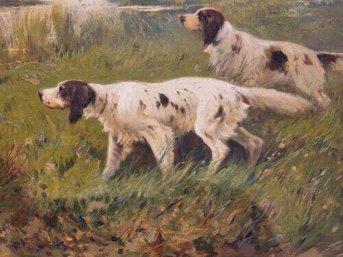 Grande peinture à l'huile sur toile chien de chasse dans le bois signée