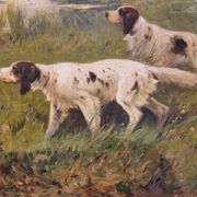 Grande peinture à l'huile sur toile chien de chasse dans le bois signée
