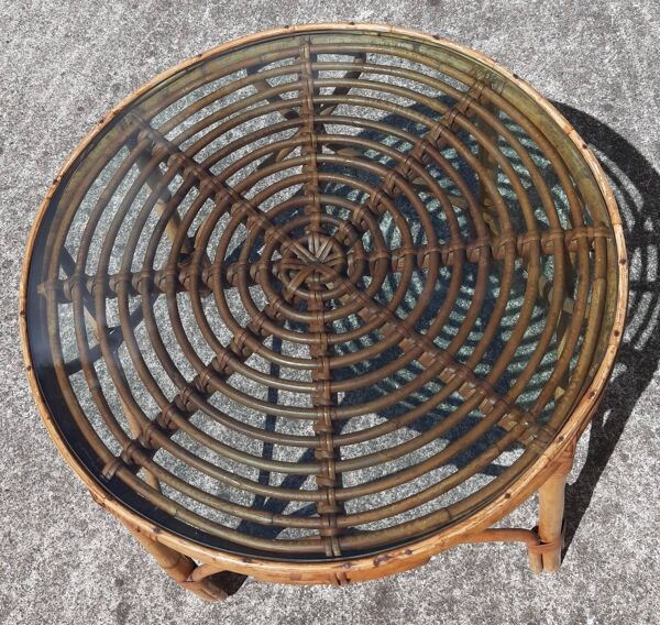 Table basse en rotin/ bambou (plateau verre)
