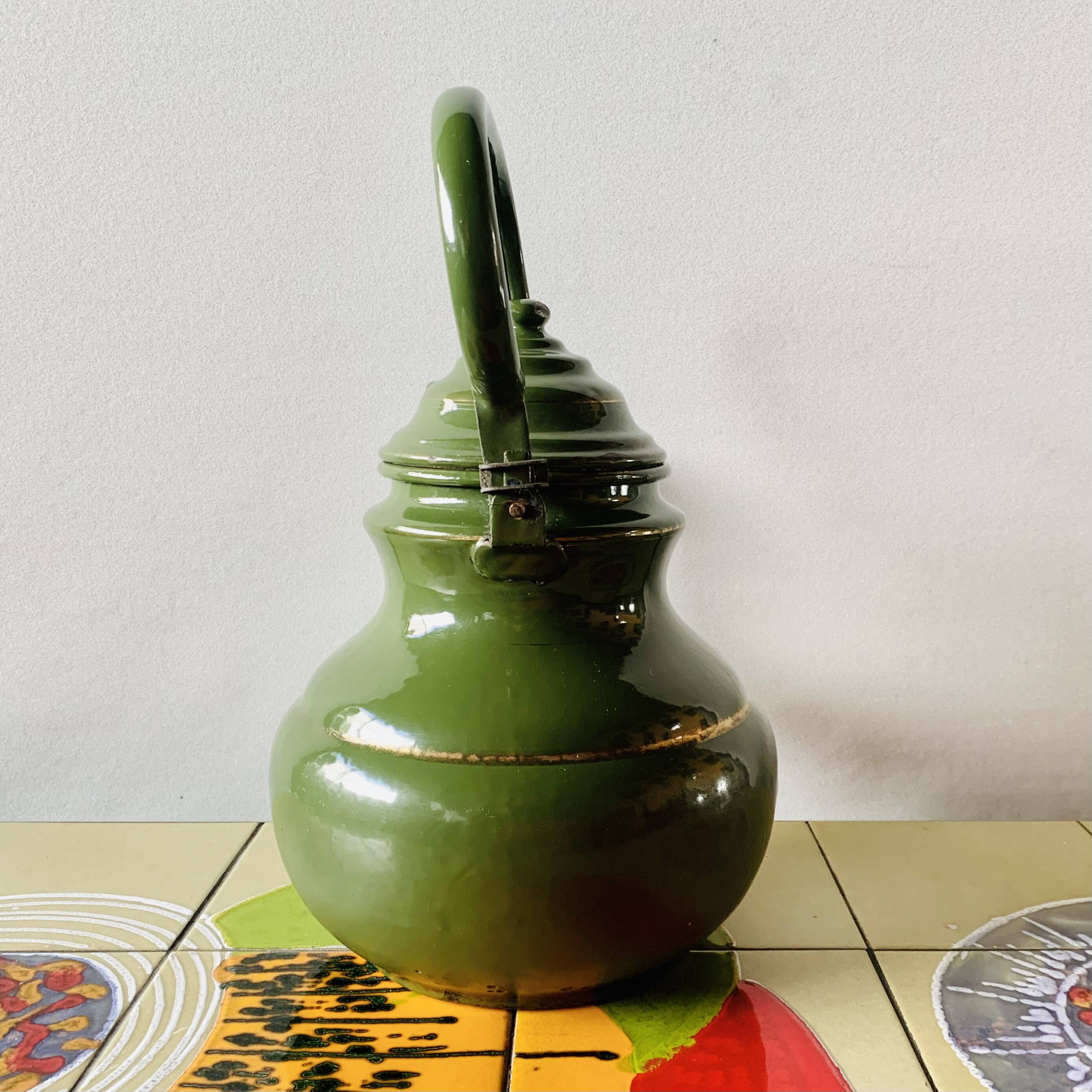Vintage green enameled sheet metal kettle