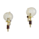 Golden wall lamps with round glass shades and teak veneer