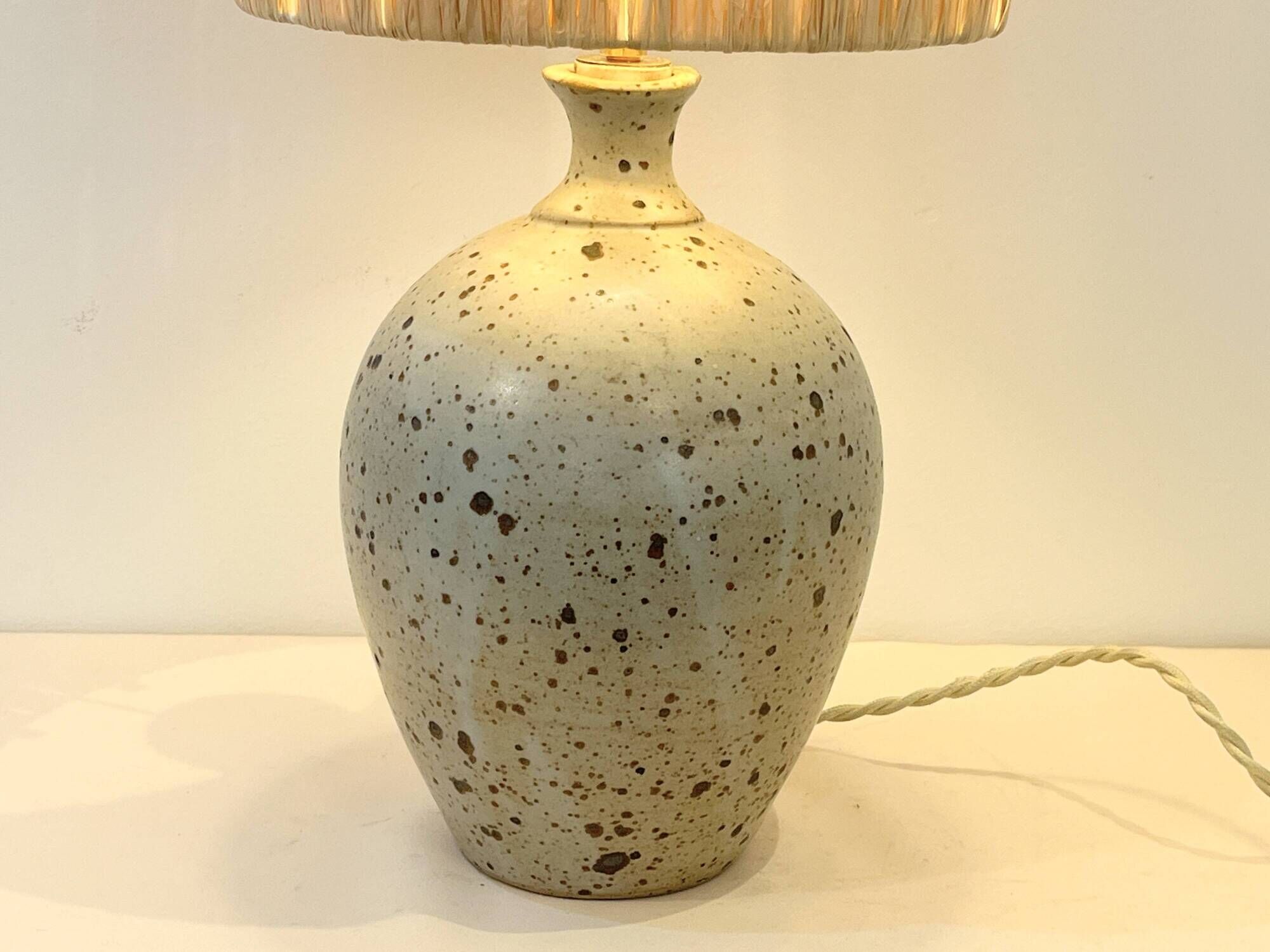 XXL Vintage Lamp Base in Beige Grey Stoneware with Raffia Lampshade 1970