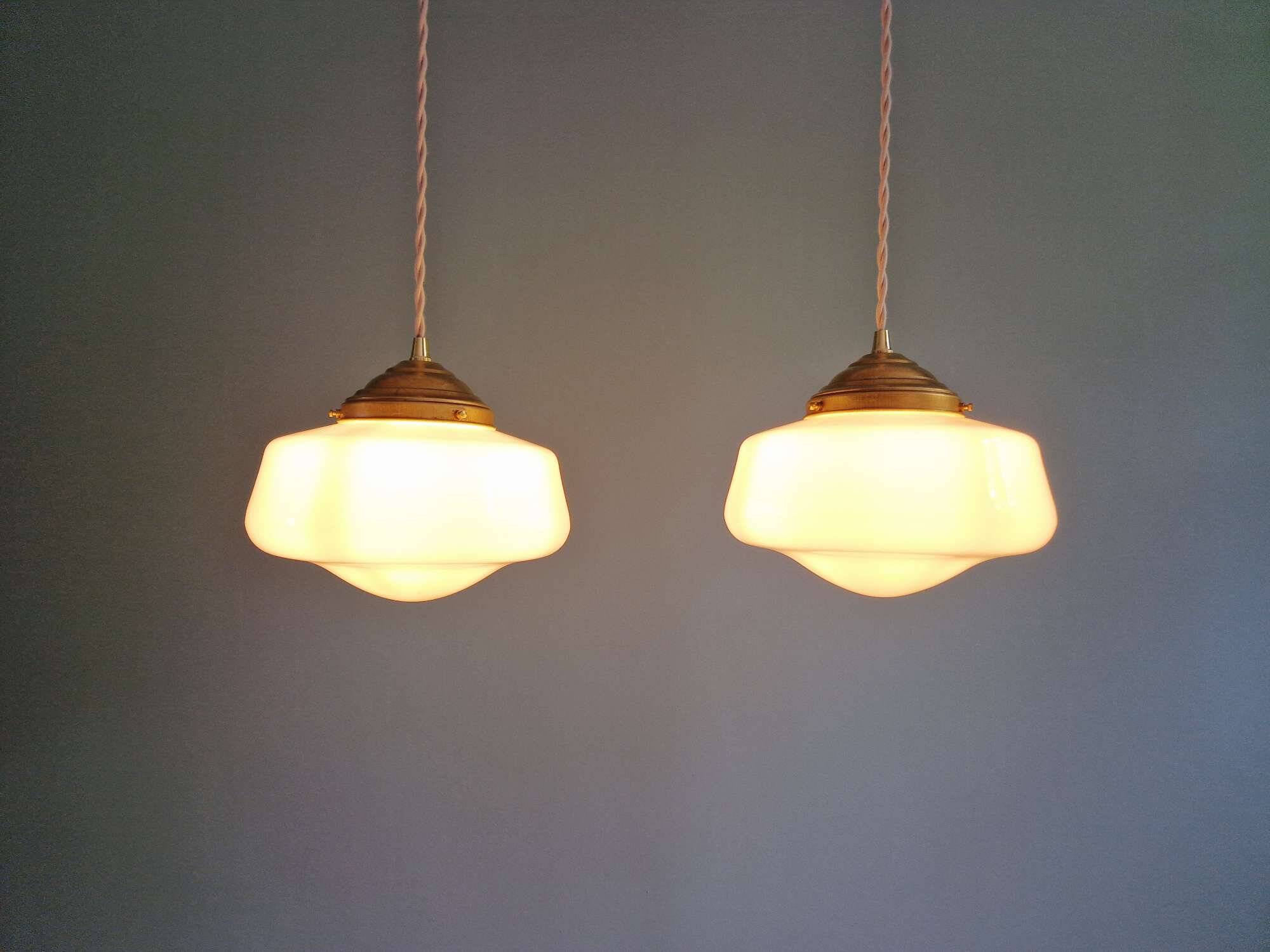 Pair of Art Deco conical white opaline pendant lights, 1920-30