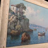 Oil on canvas coastal landscape with boat