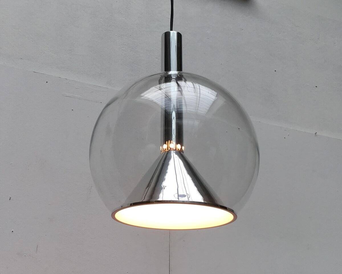 Suspended globe lamp in glass from the German space age by Erco.
