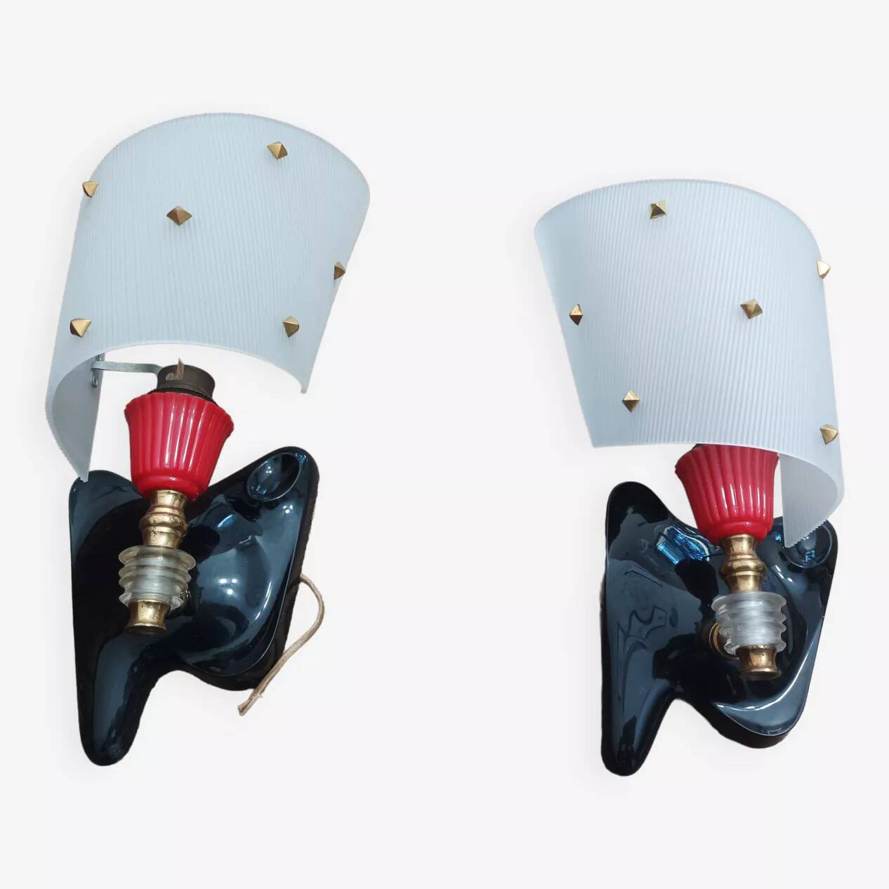 Pair of 1950s Rockabilly wall lights in brass, black and red