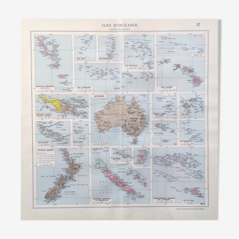 Carte vintage sur les îles d’Océanie Australie Hawaï 43x43cm de 1950
