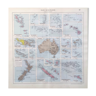 Carte vintage sur les îles d’Océanie Australie Hawaï 43x43cm de 1950