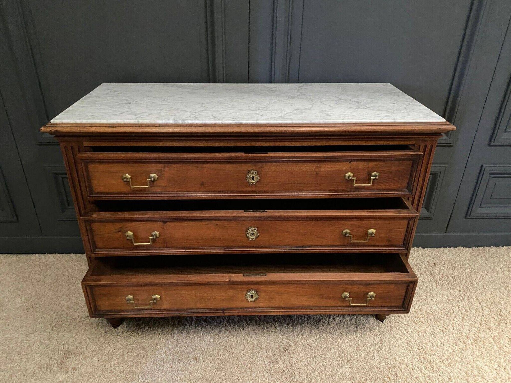 19th century Louis XVI style chest of drawers, white marble, fluted 4 drawers