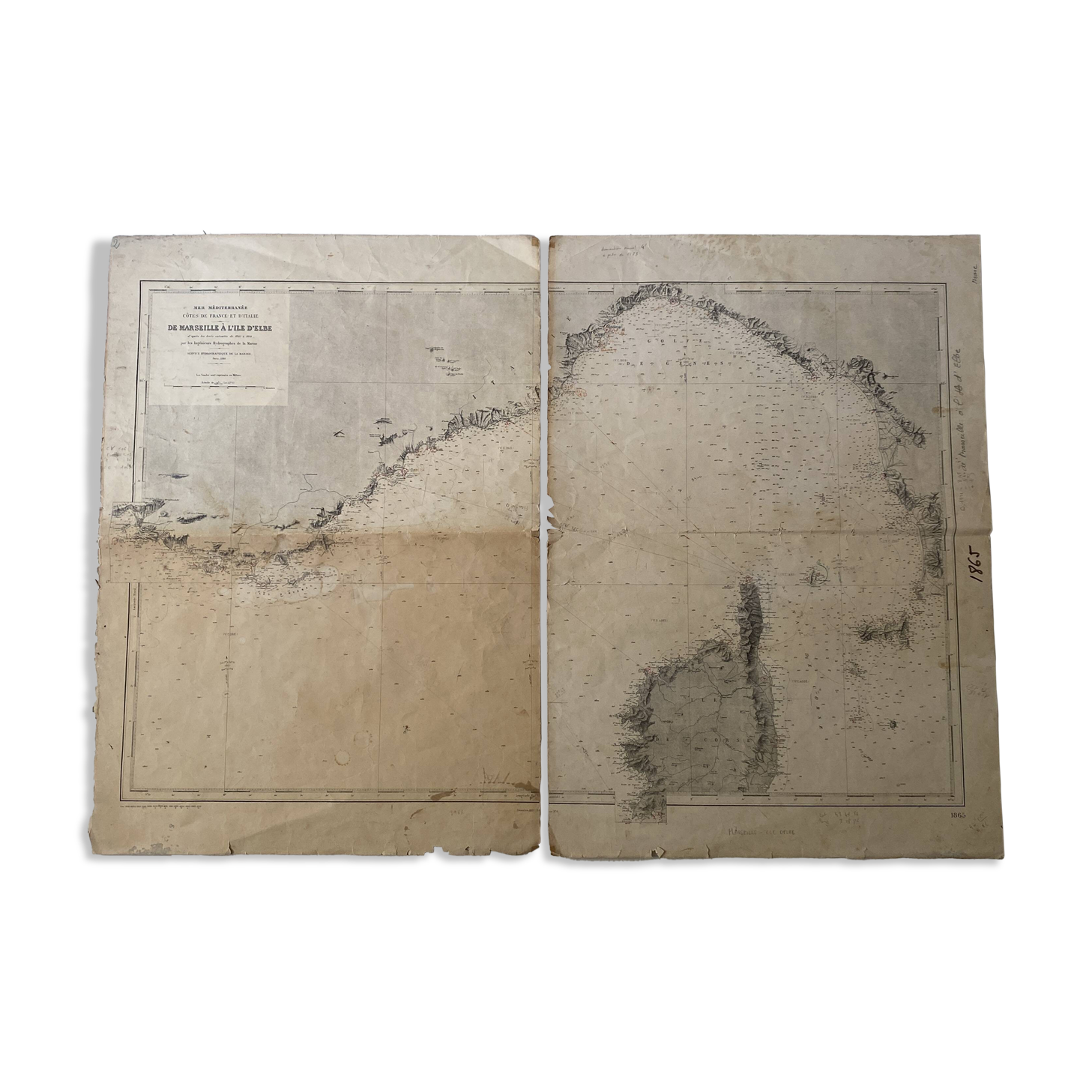 Old map Marseille - Corsica - Island of Elba 1888