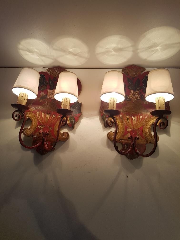 Paire d'appliques montagne vintage bois peint
