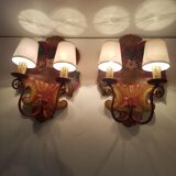 Pair of vintage wood painted mountain wall light