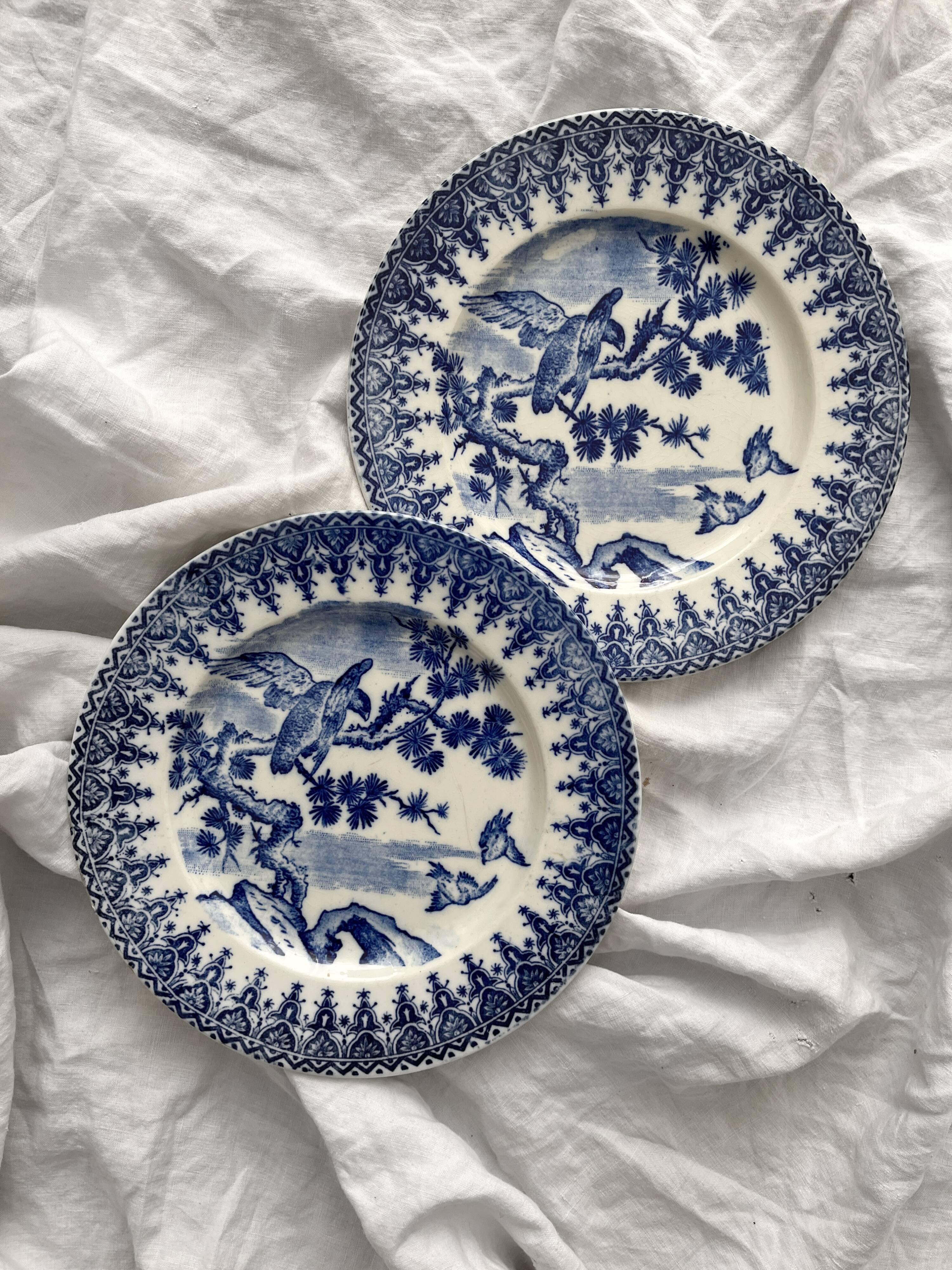 2 ironstone dessert plates with a Japanese-inspired blue design