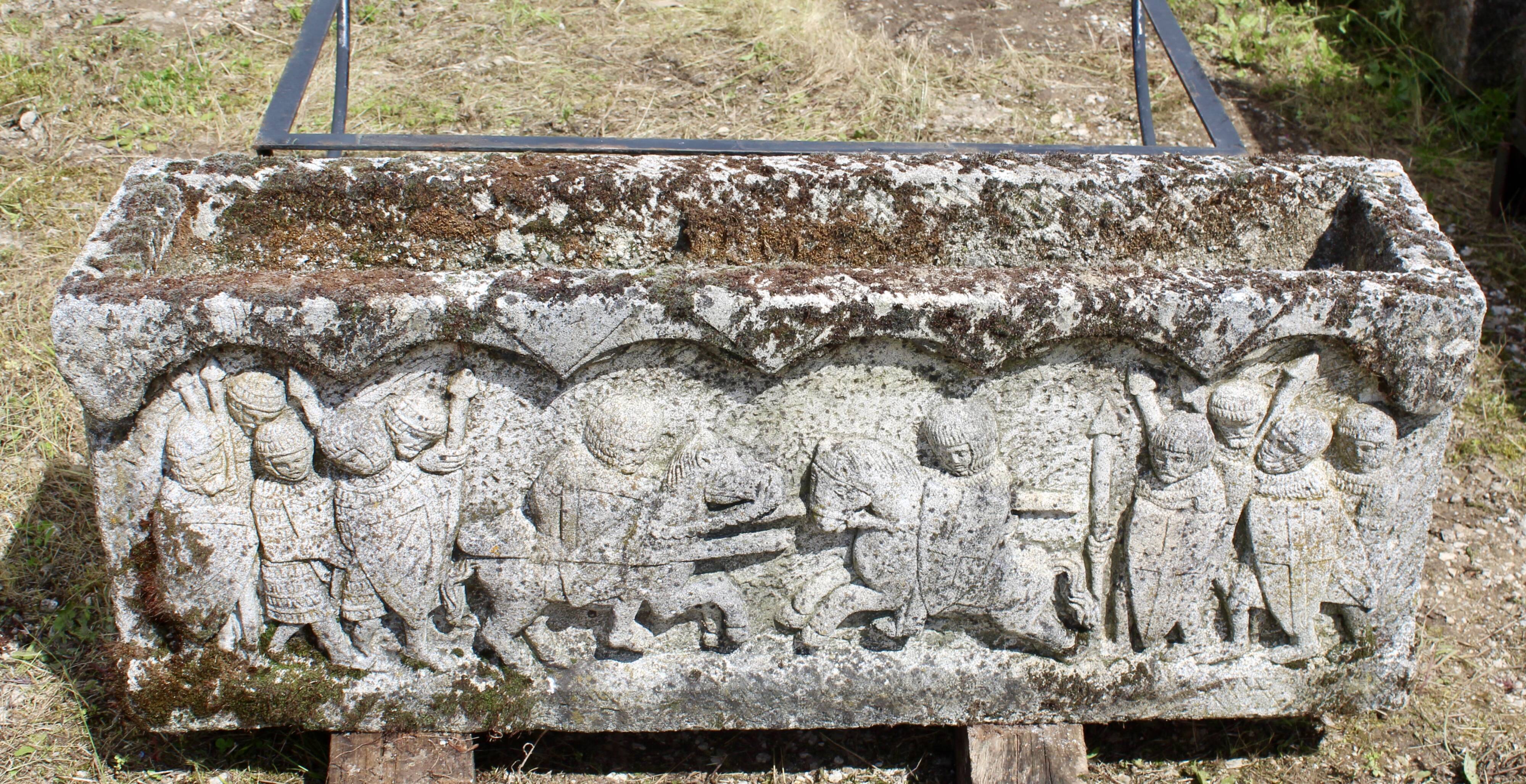 Planter with Medieval Decor in reconstituted stone
