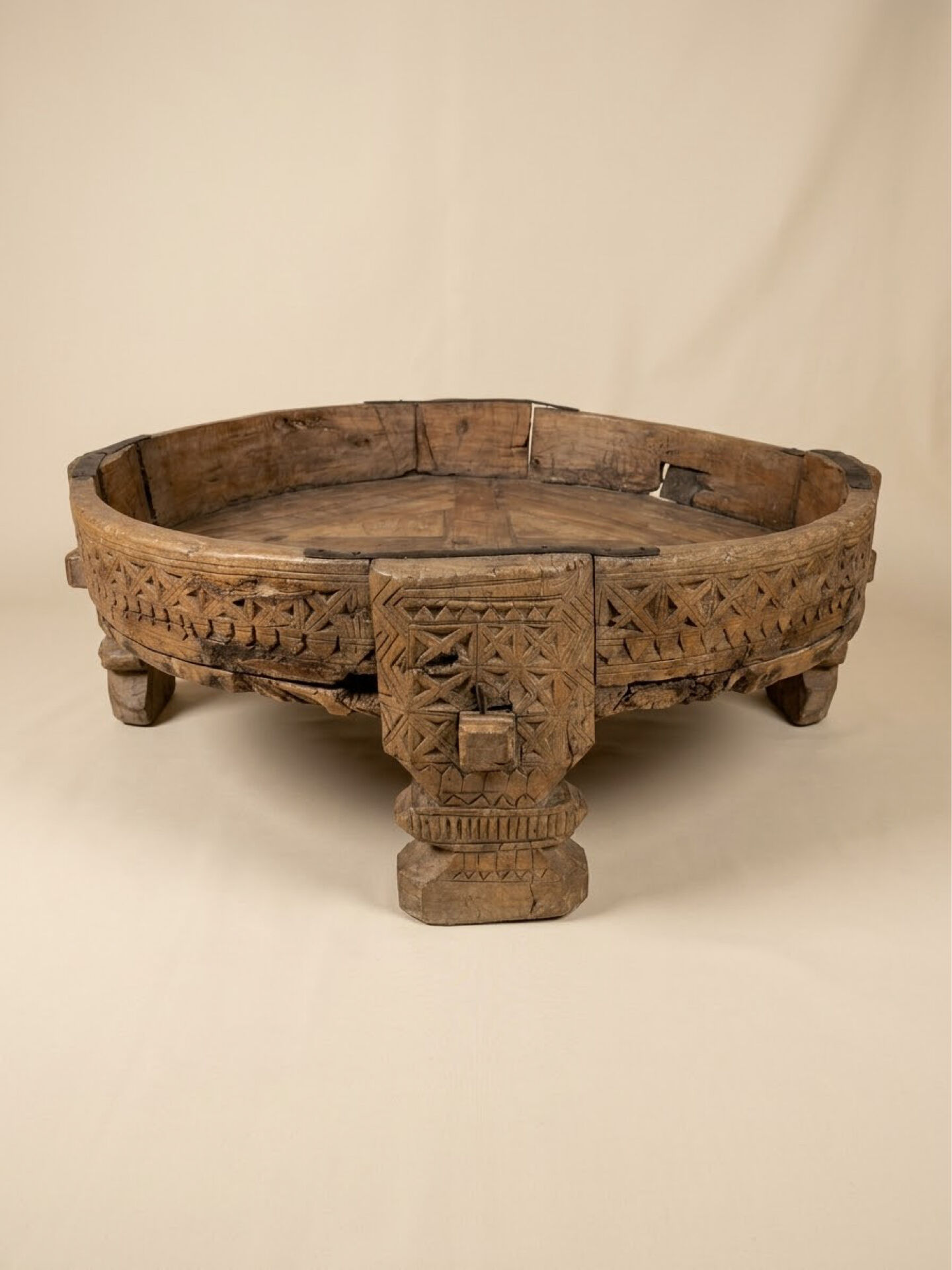 Indian Low Table Chakki Antique, Solid Wood