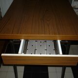 Brown formica table with 2 extension cords and drawer