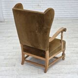 1970s, Scandinavian highback armchair, furniture corduroy, carved oak wood.
